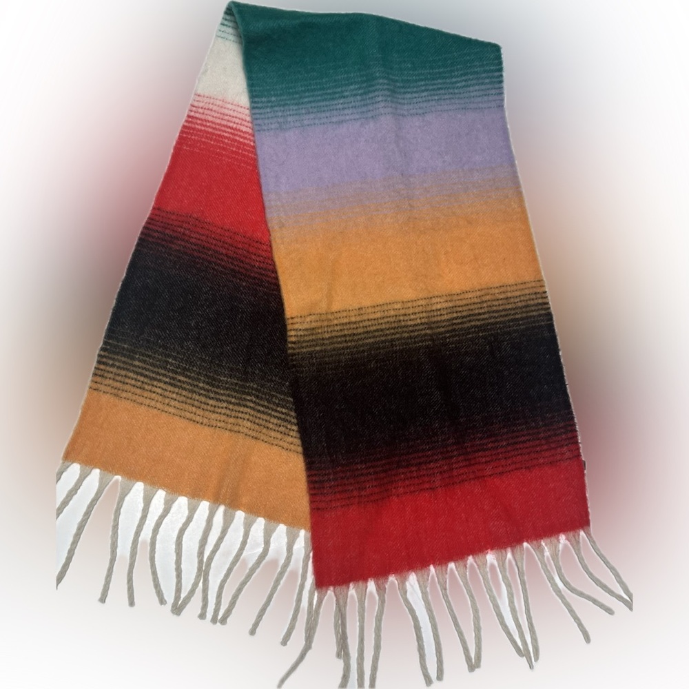 Striped Multicolor Fringe Scarf - Red, Orange, Purple, Green, Black